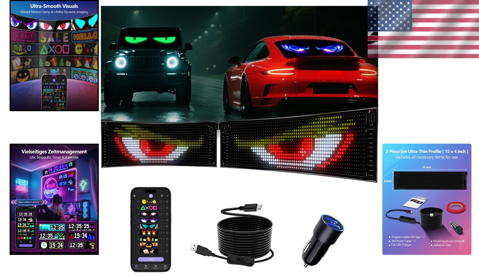 Dual Synchronizing LED Car Signs – 15x4in Flexible Display for All Vehicles