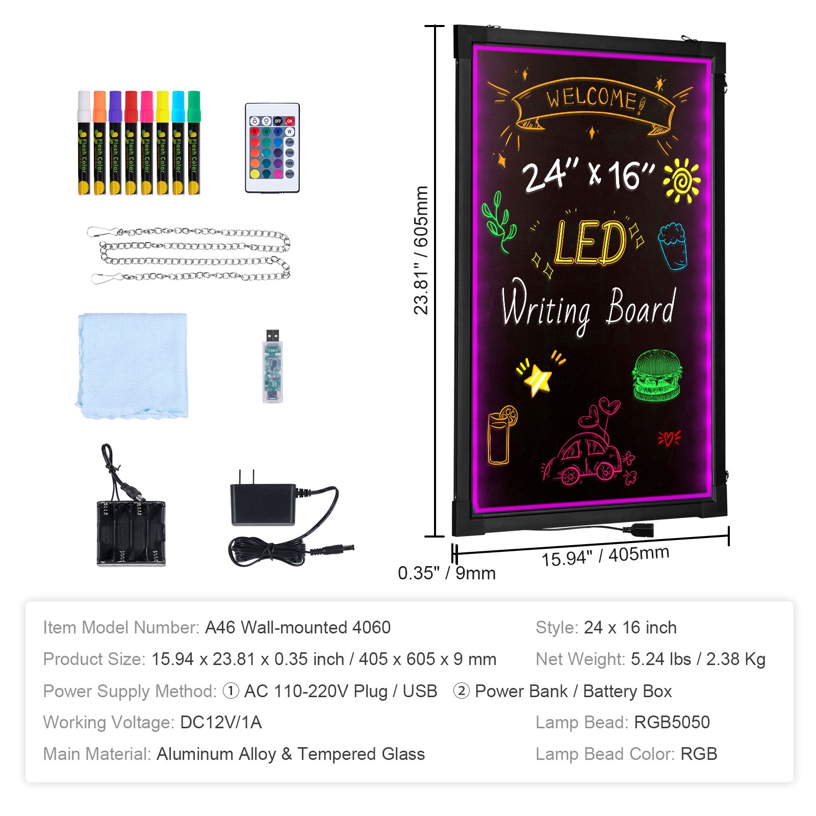 Uimoso LED Message Writing Board 24&Prime;x16&Prime; Illuminated Erasable Chalkboard