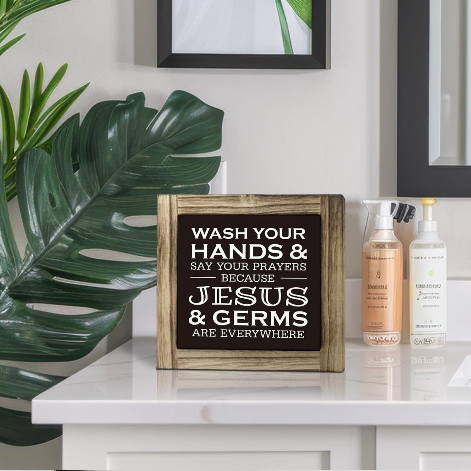 Christian Bathroom Sign – Wash Hands & Prayers, Rustic Wooden Tabletop Art, F…