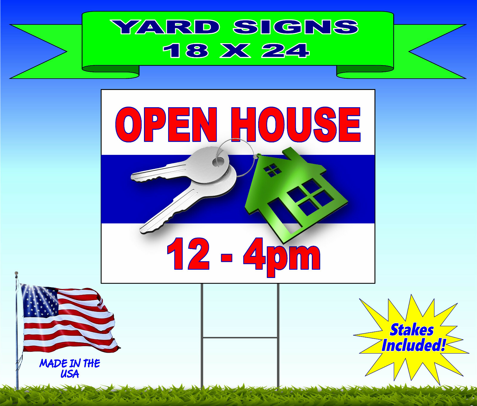 12 – 18×24 Yard Signs – Custom Design – Full Color – 2 Sided – Stakes Included!