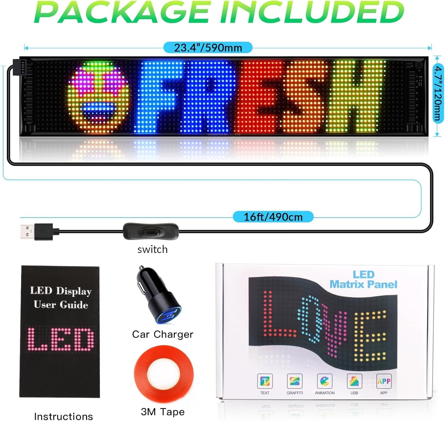 23&Prime;x5&Prime; Devil Eyes LED Car Sign – Bluetooth Control Custom Messages & Animations