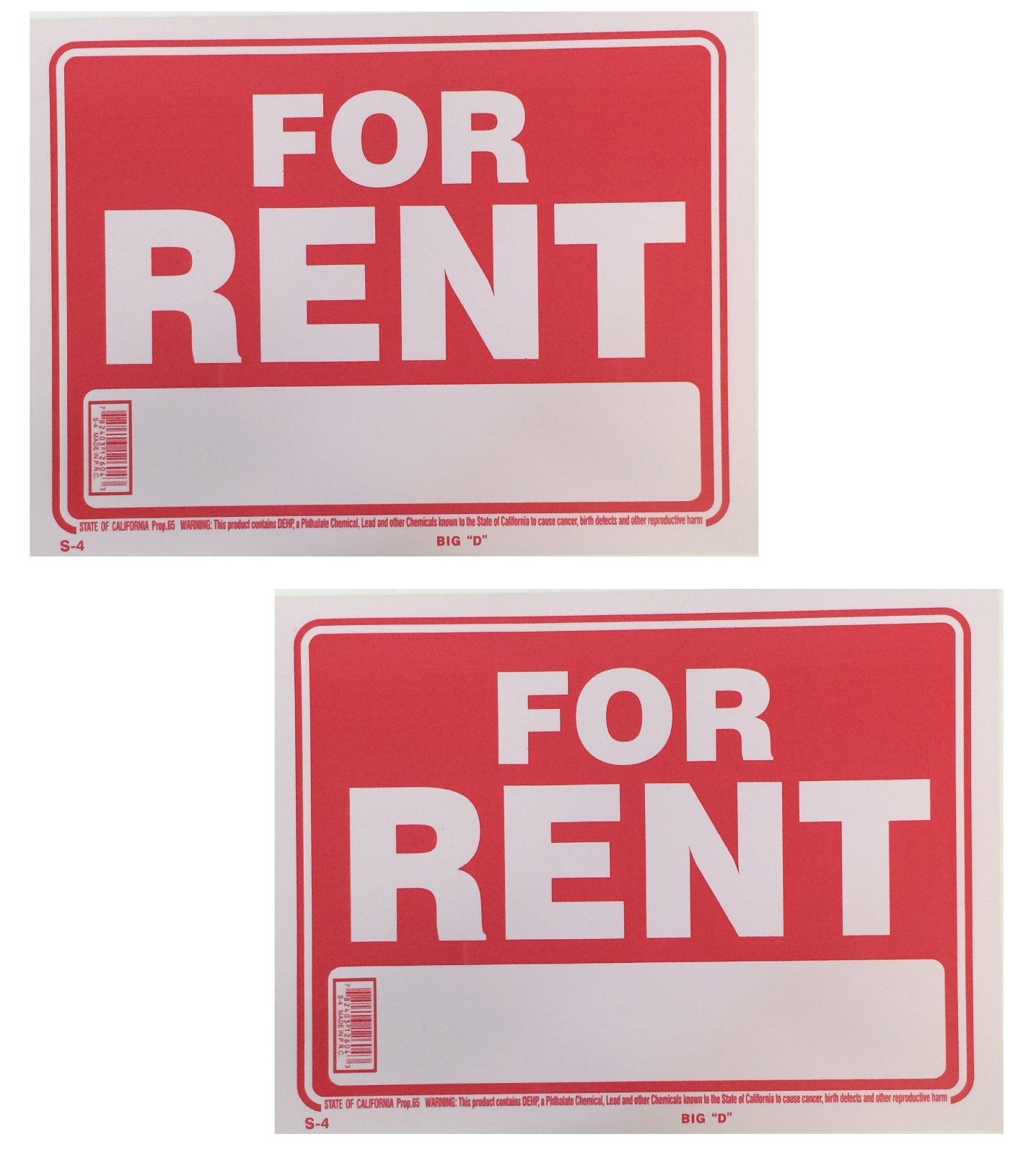 NEW 2 Sign – FOR RENT – Plastic Size: 9&Prime; x 12&Prime; 2pcs