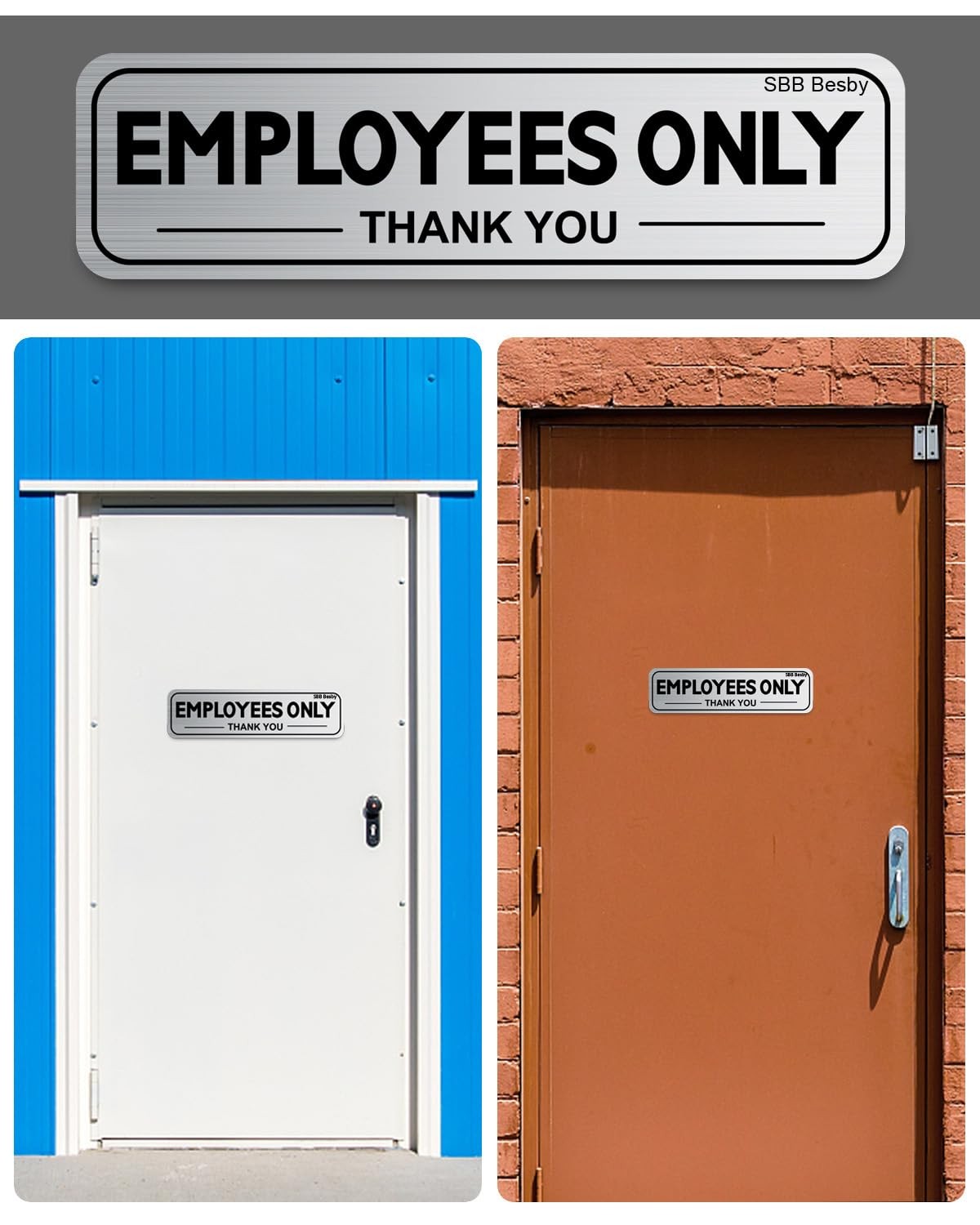 2pcs Employees Only Sign Stickers, Metal like Brushed Silver, 9&Prime;x2.5&Prime;, Back Adhe