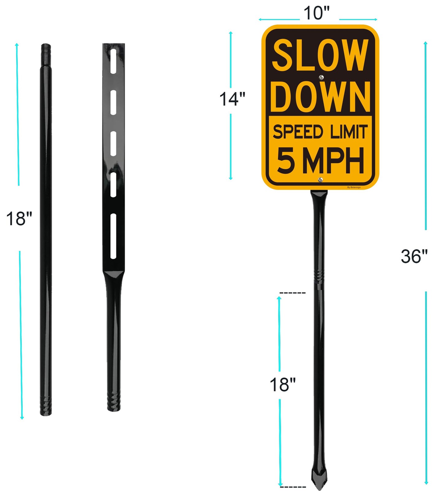 2 PCS 14×10 Inch Slow Down Speed Limit 5MPH Sign Reflective 36 In Metal Stake