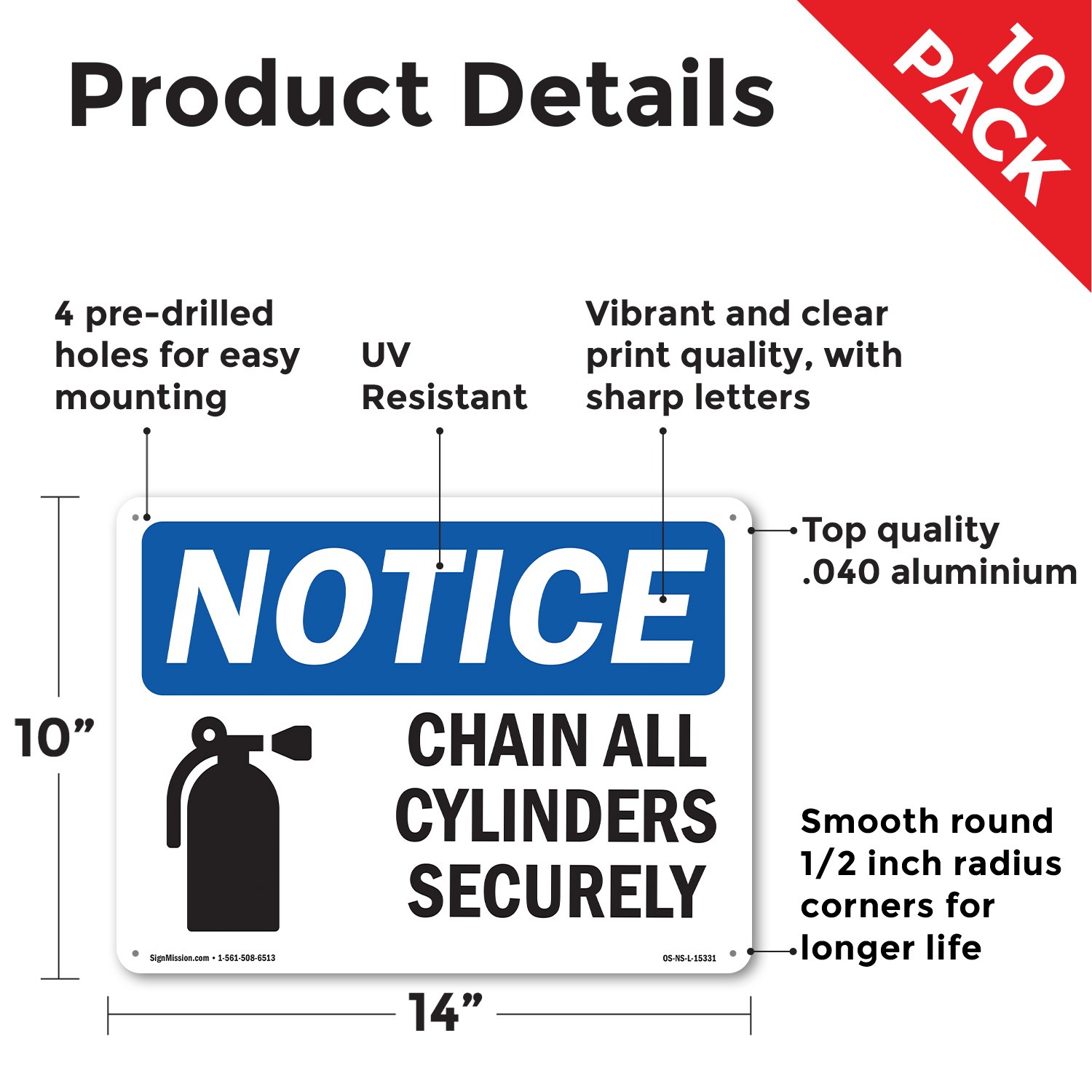 Chain All Cylinders Securely OSHA Notice Sign Metal, Plastic, Decal 5 or 10 Pack