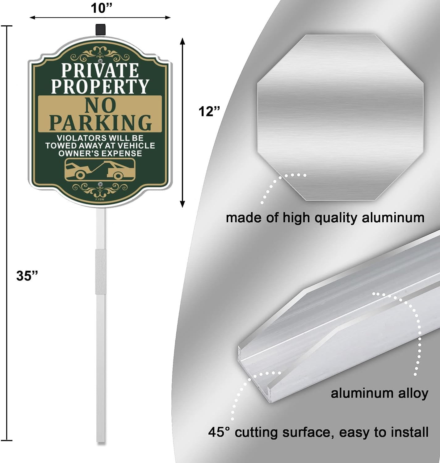 Private Property No Parking Sign with Metal Stakes for Outdoor Use 12&Prime; x 10