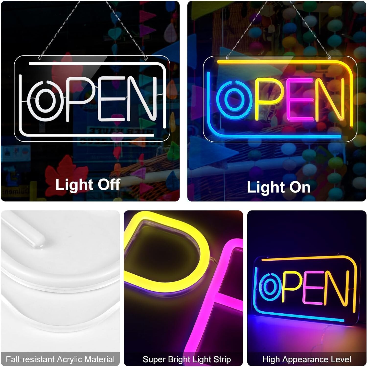 Colorful LED Neon Open Sign, 16.5&Prime;X 9&Prime; Super Bright Open Signs for Business, wit