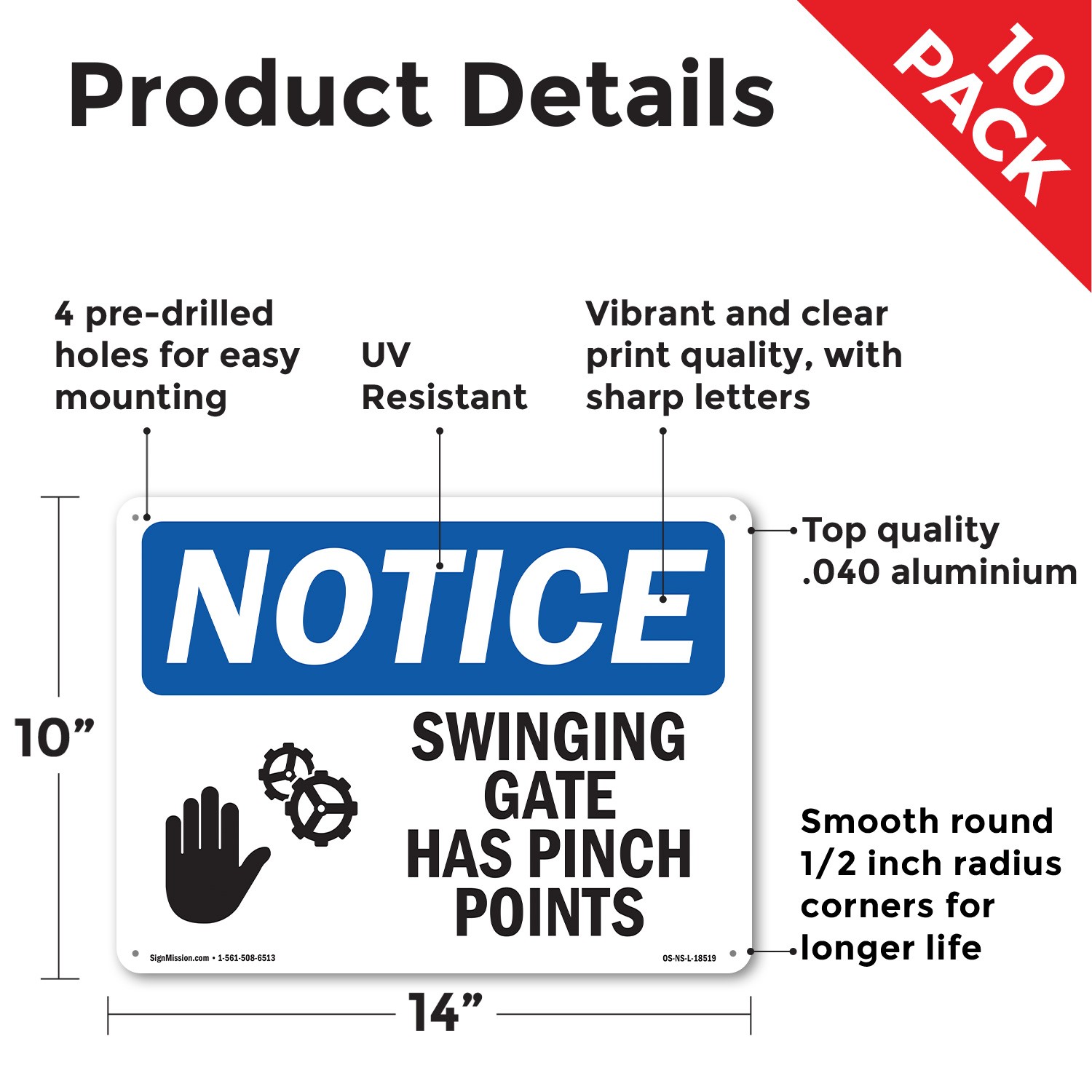 Swinging Gate Has Pinch Points OSHA Notice Sign Metal,, Decal 5 or 10 Pack