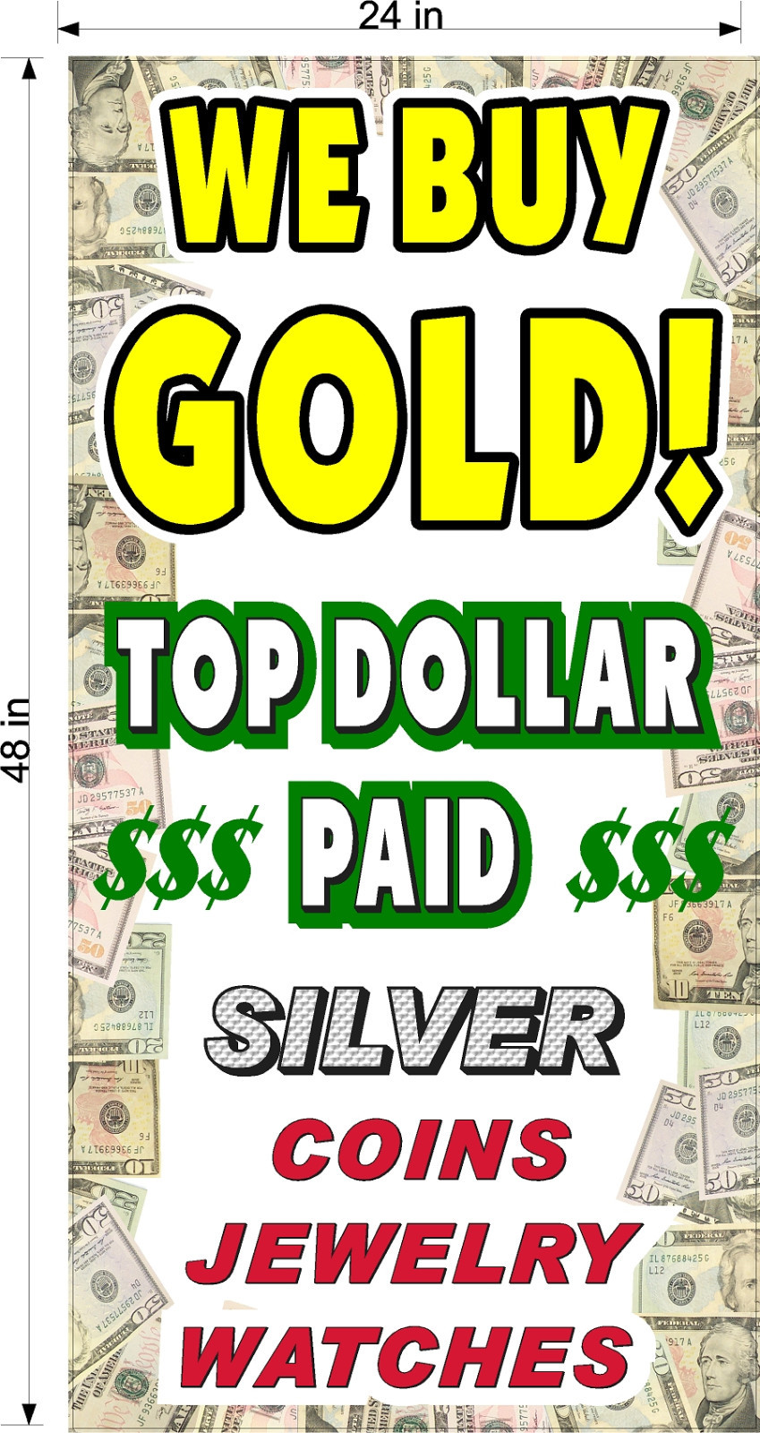 PERFORATED WINDOW DECAL PAWN SHOP CASH FOR GOLD LOT OF 4 2&prime; X 4&prime; VERTICAL