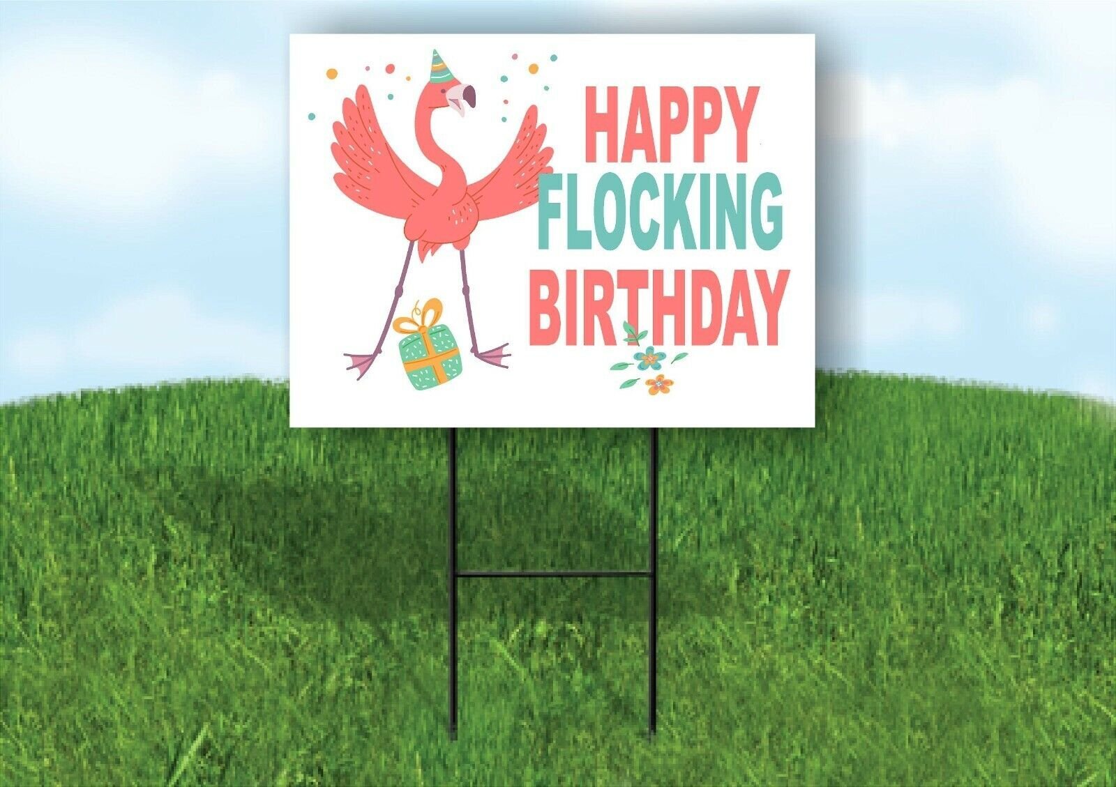 HAPPY FLOCKING BIRTHDAY PINK GREEN Yard Sign with Stand LAWN SIGN