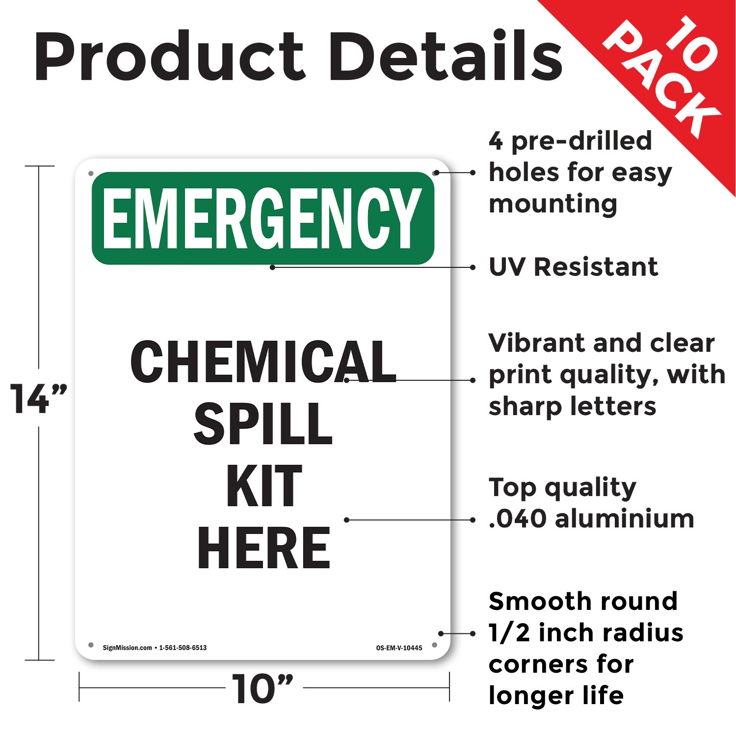 Chemical Spill Kit Here OSHA Emergency Sign Metal, Plastic, Decal 5 or 10 Pack