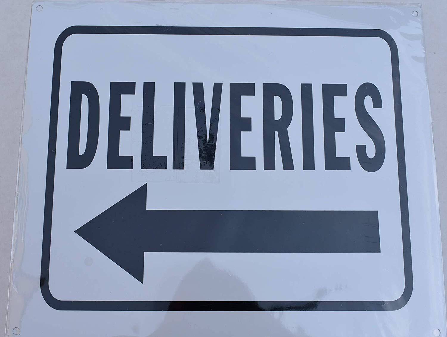 Deliveries Left Arrow Sign (White Background,Aluminium, 10×12)-REF24-1027