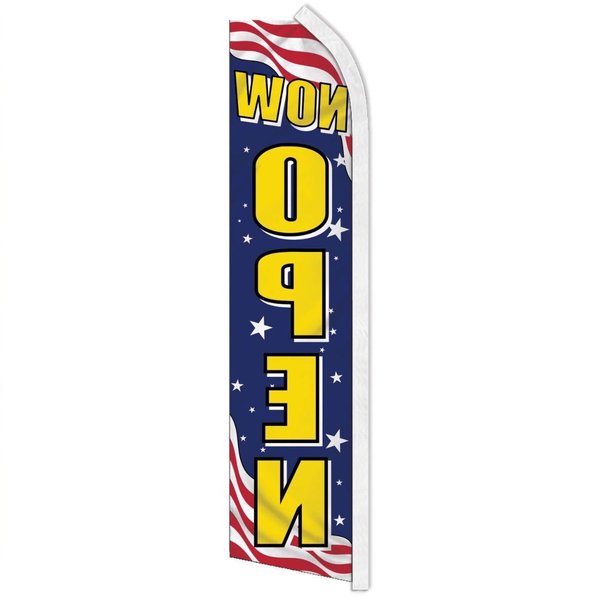 « NOW OPEN » advertising super flag swooper banner business sign welcome patriotic
