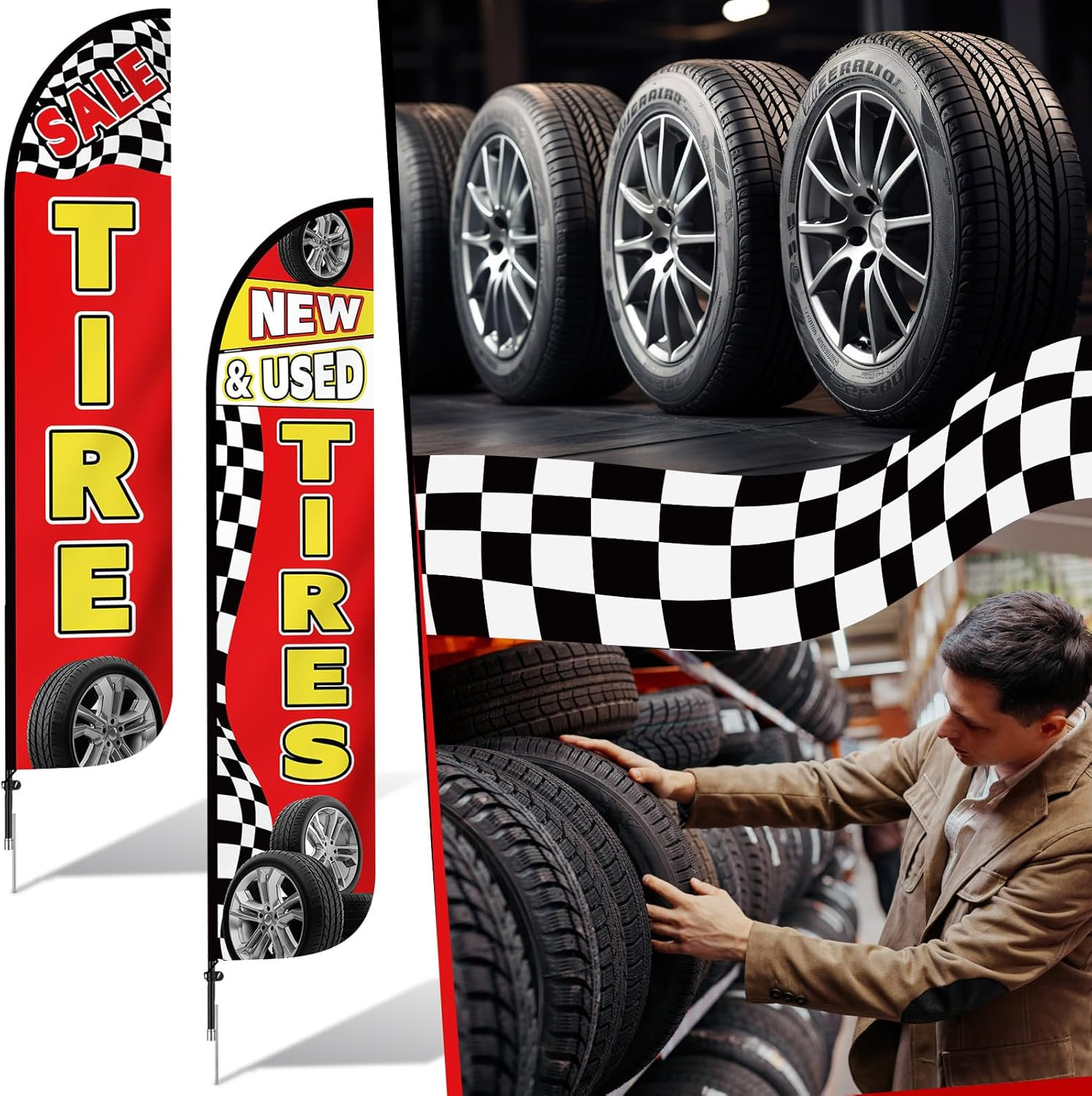 15ft Tire Sale Flags – 2 Pack Feather Banners for New & Used Tire Shops