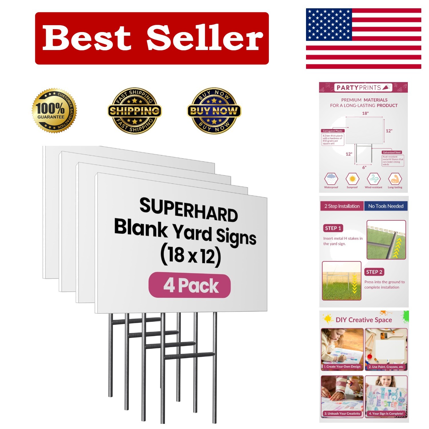 PartyPrints 4 Pack 18 x 12 White Blank Yard Signs with Metal Stakes, Waterproof