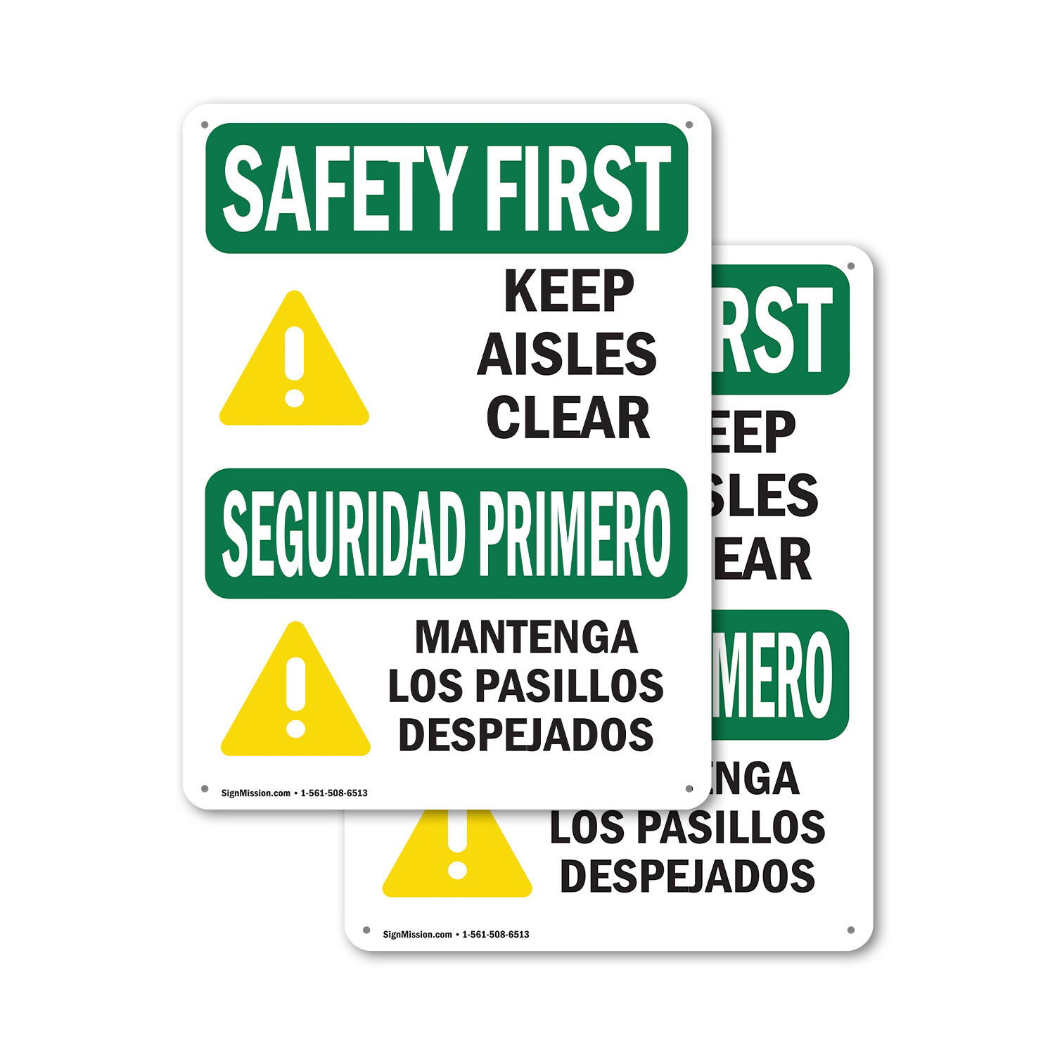 (2 Pack) Keep Aisles Clear Bilingual OSHA Safety First Sign Decal Metal Plastic