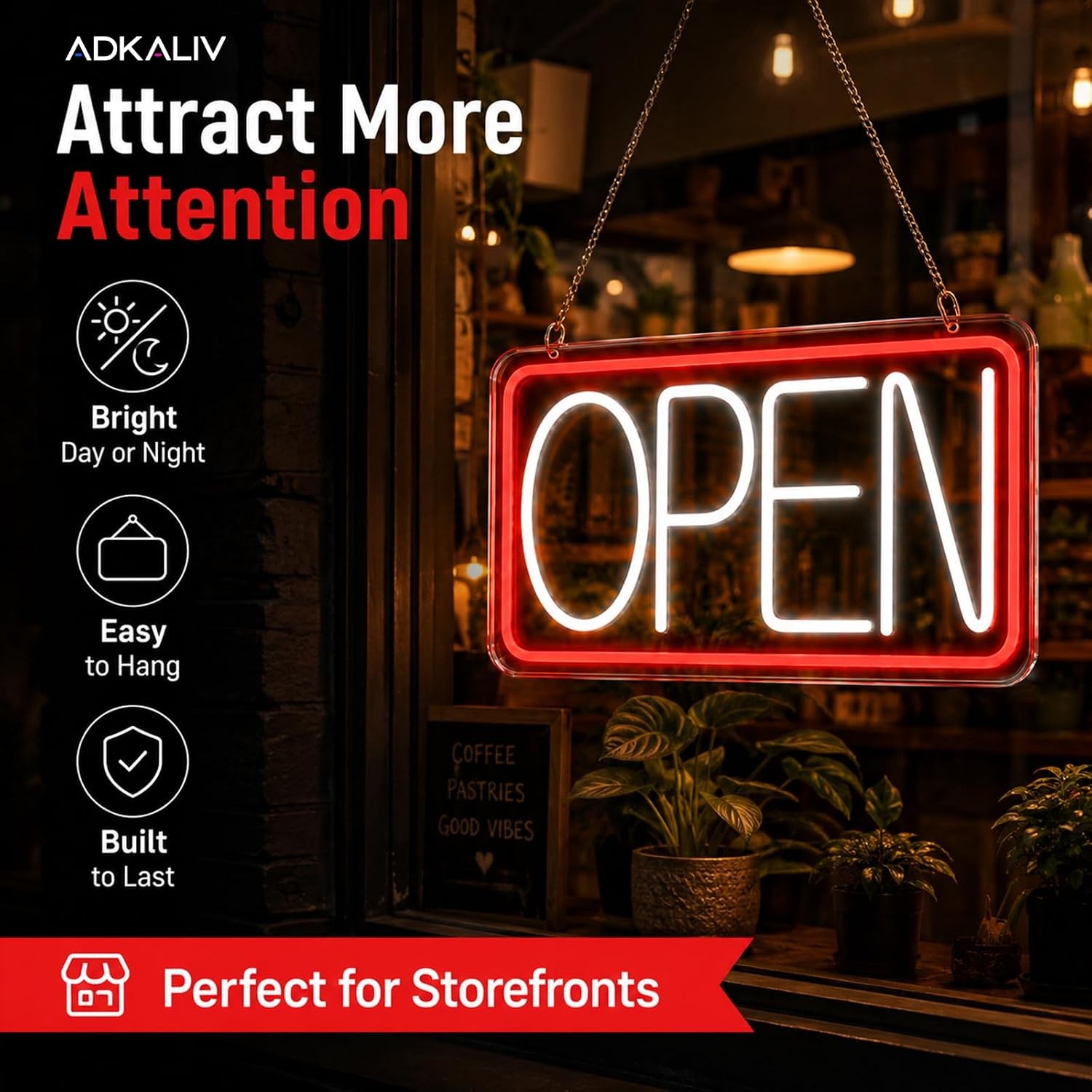 Open Sign Neon Light 17&Prime; X 9.3&Prime; LED Open Sign for Business Window Red + White