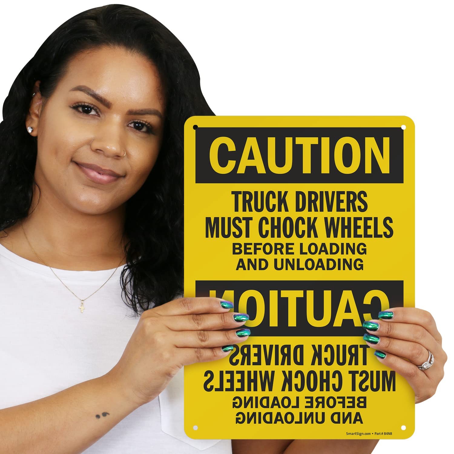 S6682AL 10×14 Inch Aluminum Truck Drivers Must Chock Wheels Unloading Sign