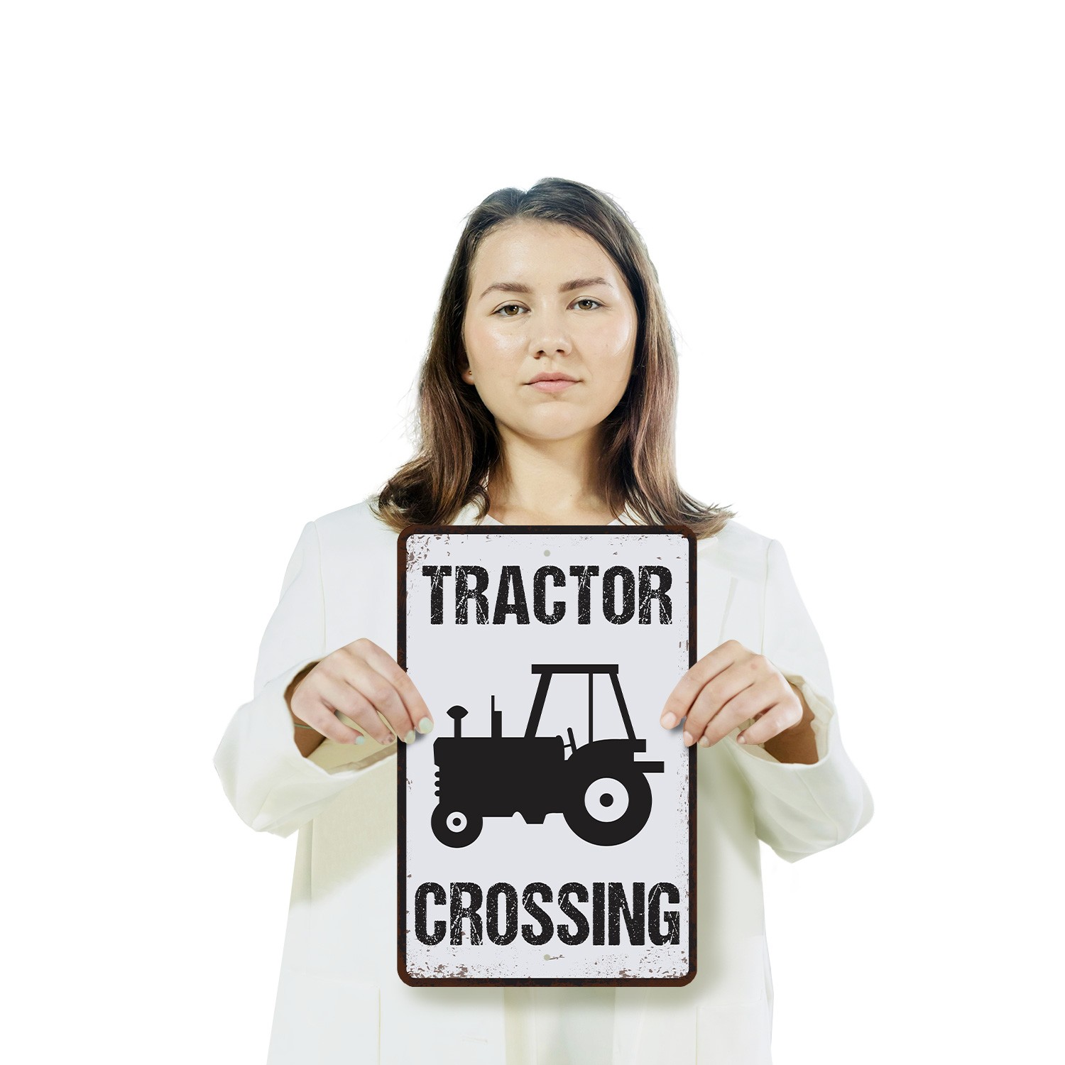 Vintage Style Tractor Crossing Farm Sign Slow Roll Green Steel Perfect for Barn