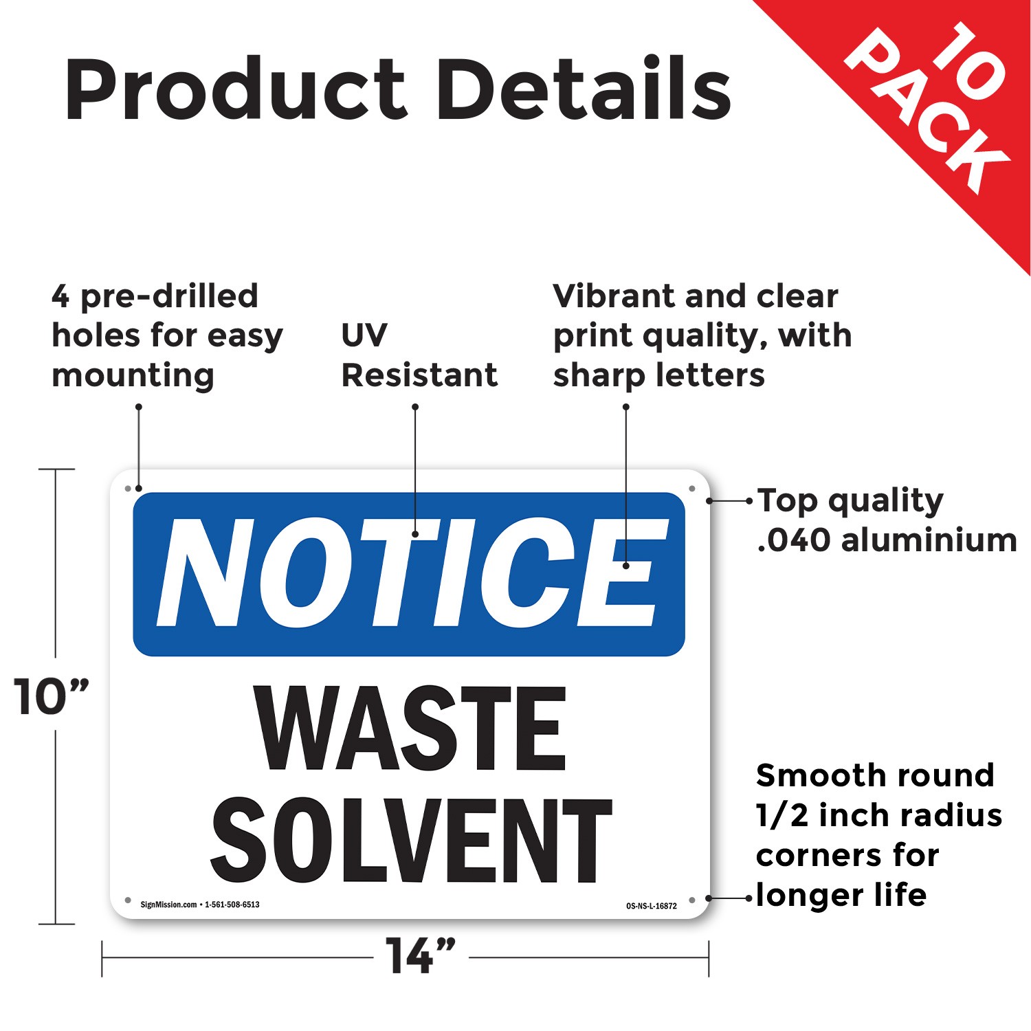 Waste Solvent OSHA Notice Sign Metal, Plastic, Or Decal – 5 or 10 Pack