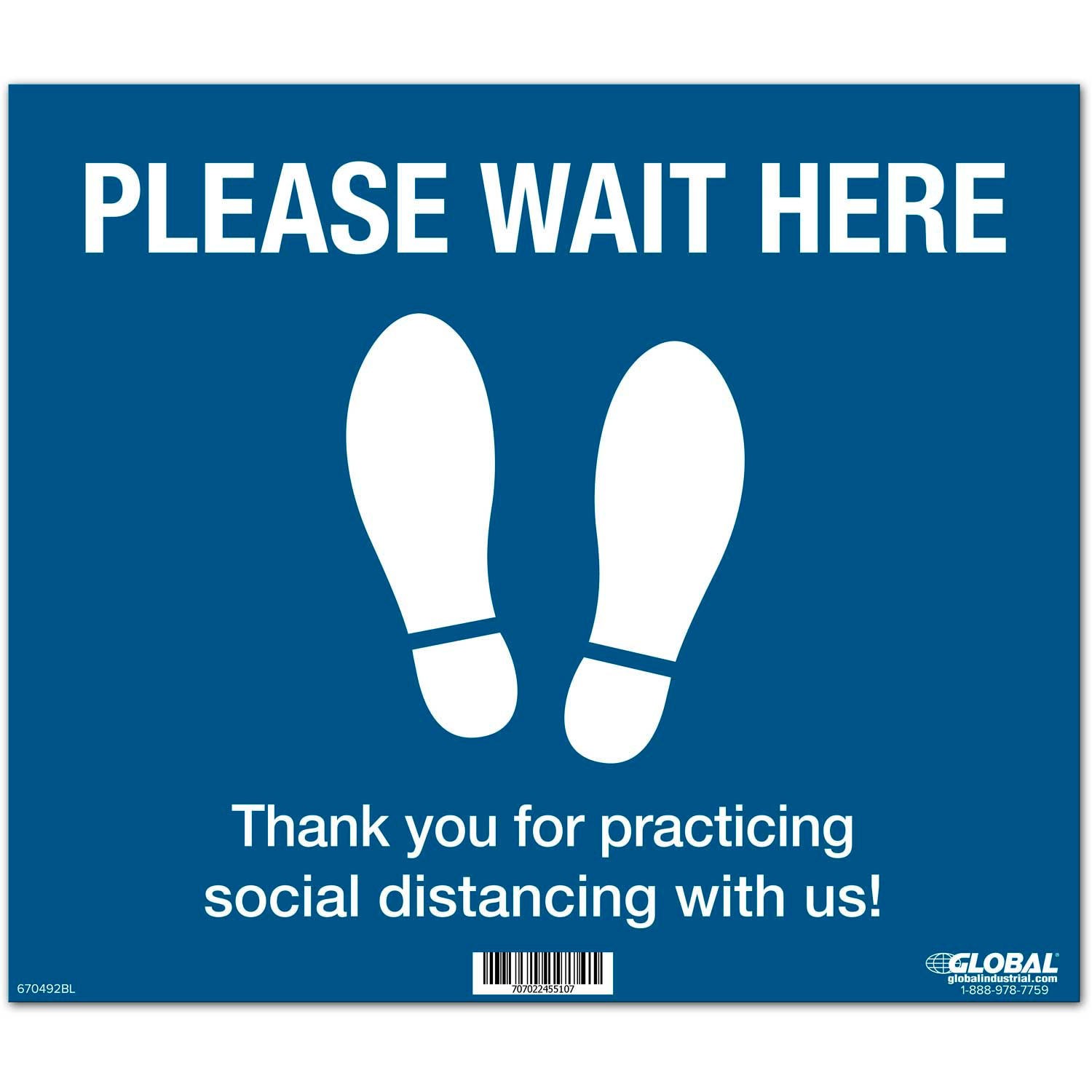 Global Industrial Blue Please Wait Here Floor Sign 14&Prime;W x 12&Prime;H Vinyl Adhesive