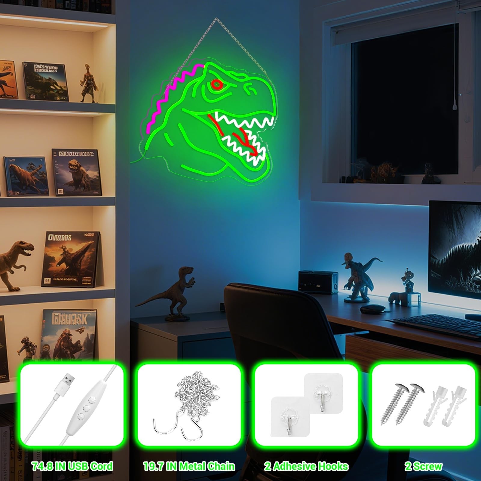 Dinosaur Neon Sign, T-Rex LED Neon Signs Light for Wall and Room Decor, USB D…