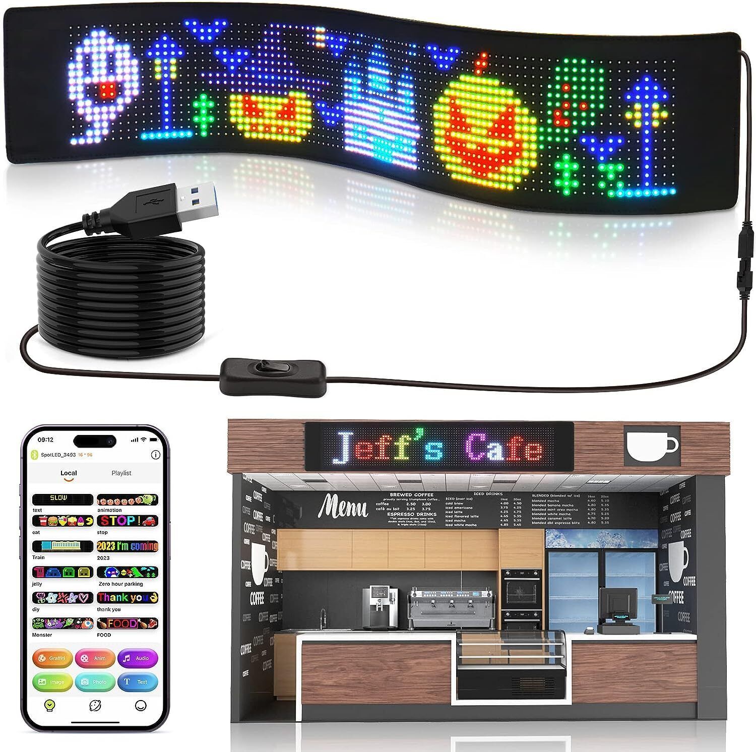 Scrolling LED Sign Matrix Panel Screen Bluetooth APP Control for Shop Bar Car US