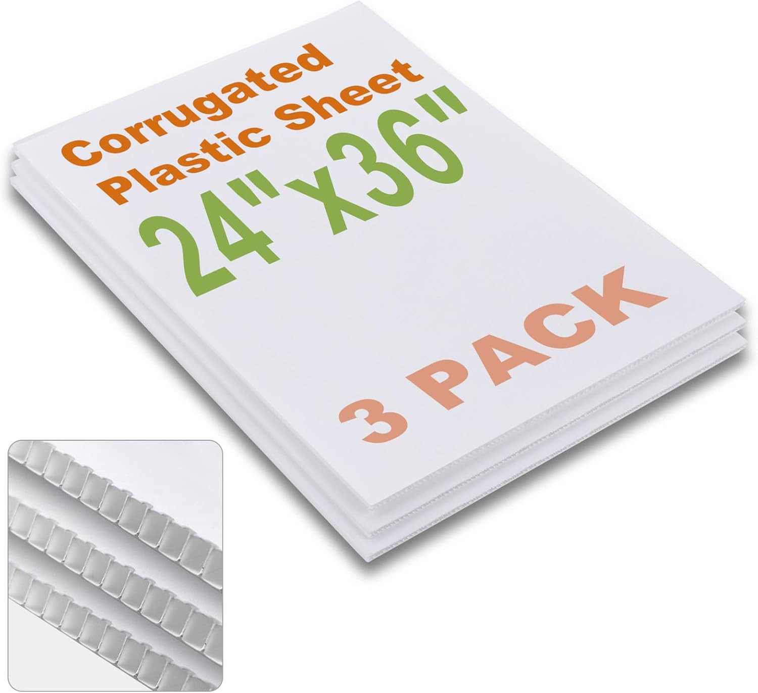 24X36 Corrugated Plastic Board, 3 Pack Coroplast Plastic Sheet, 3/16 Inch Thick