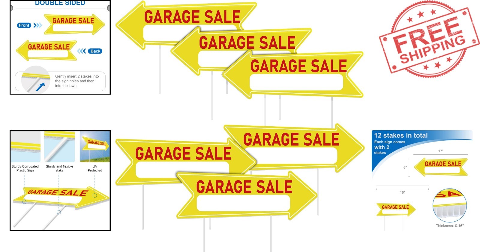 Large 17 x 6 Inch Garage Sale Arrow Signs with 12 Stakes – Instant Attention