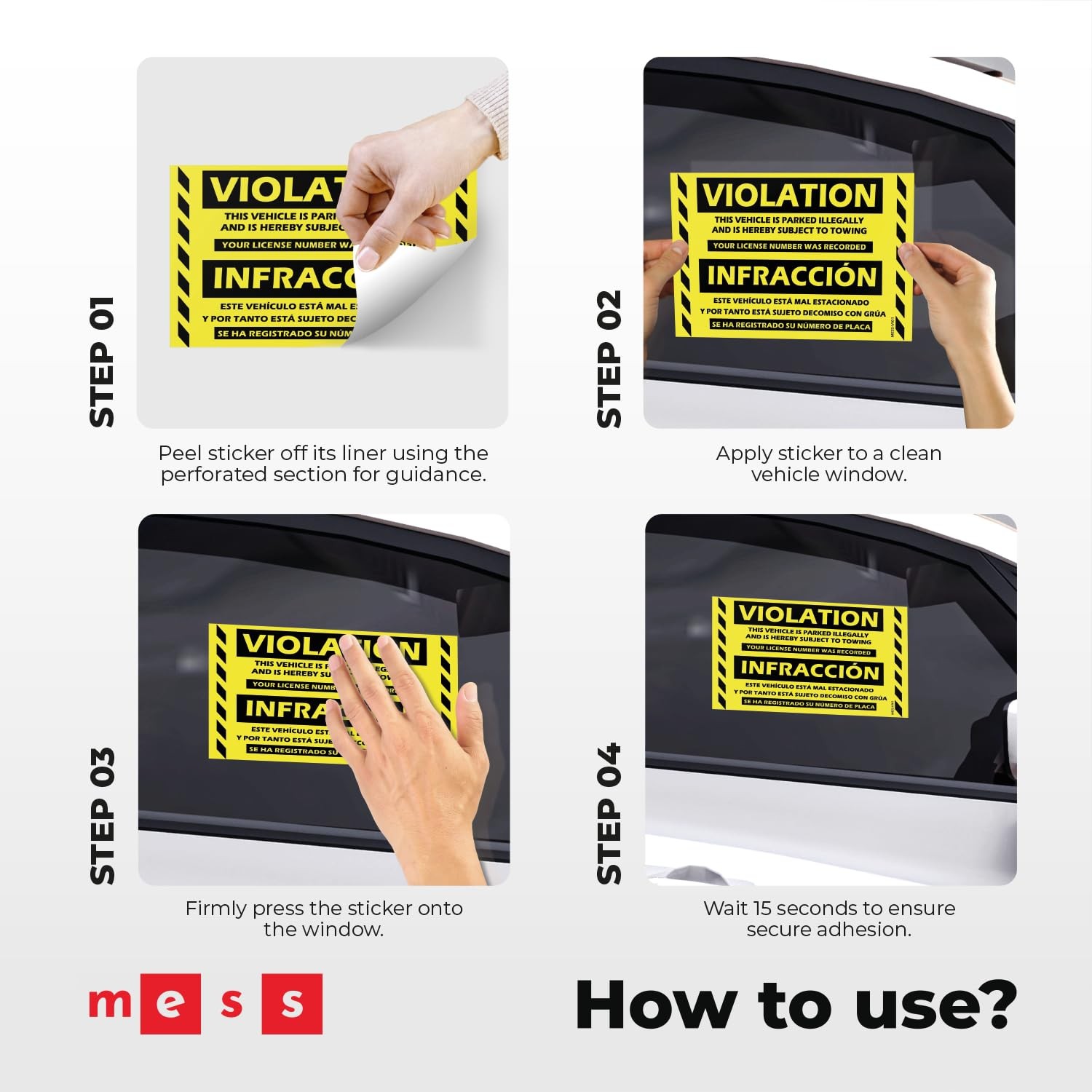 MESS Parking Violation Stickers 100 Pack Yellow 8x5in Bilingual Spanish Tow Warn