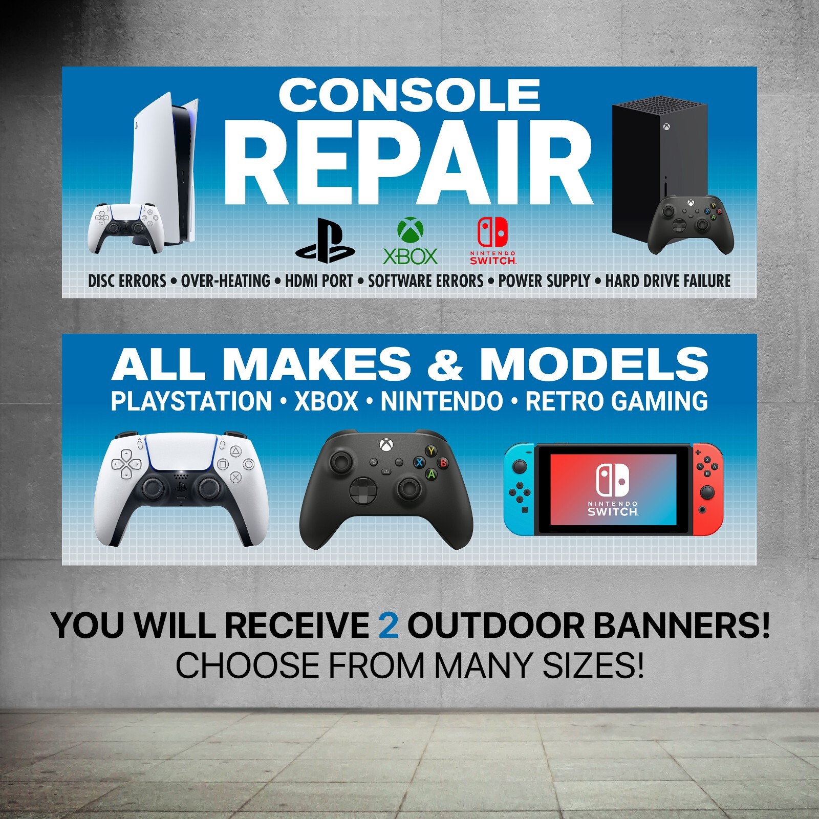 Game Console Repair Nintendo Switch Wii Xbox PS5 retro video game vinyl banners