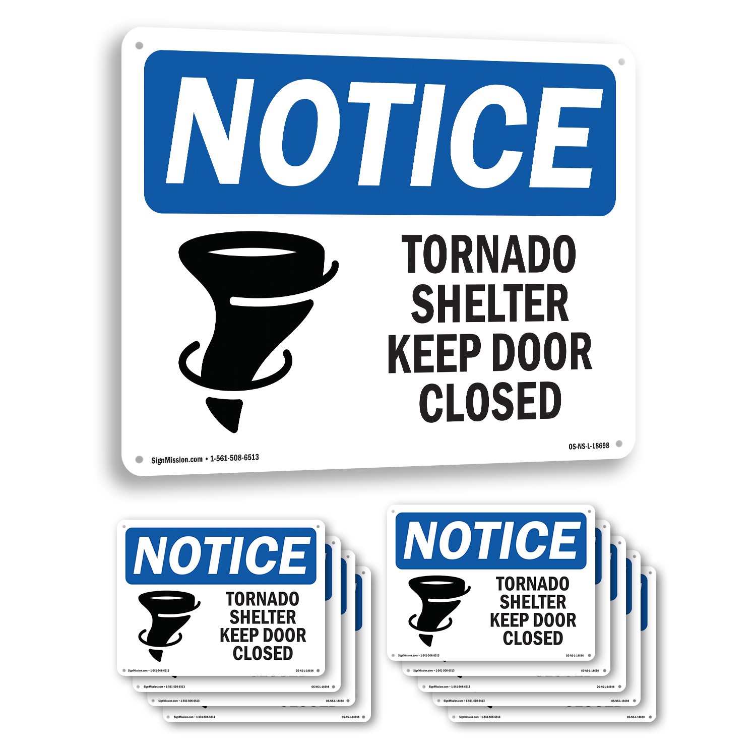 Tornado Shelter Keep Door Closed OSHA Notice Sign Metal, Decal – 5 or 10 Pack