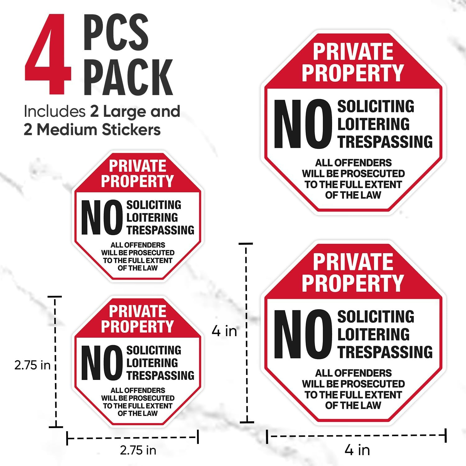 | (4 Pcs) Private Property No Trespassing Stickers – Two Sizes 4&Prime;x4&Prime; & Two 2.75&Prime;