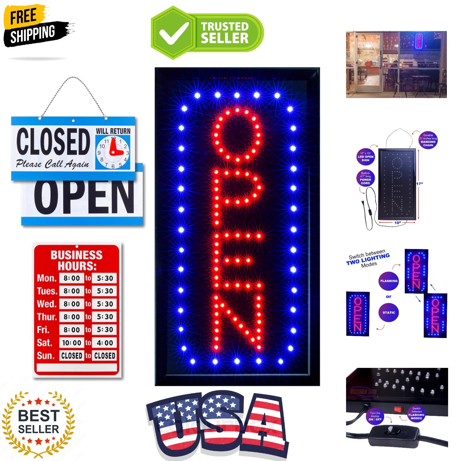 Neon Open Sign for Business: Vertical LED Sign with Flashing Mode for Stores …