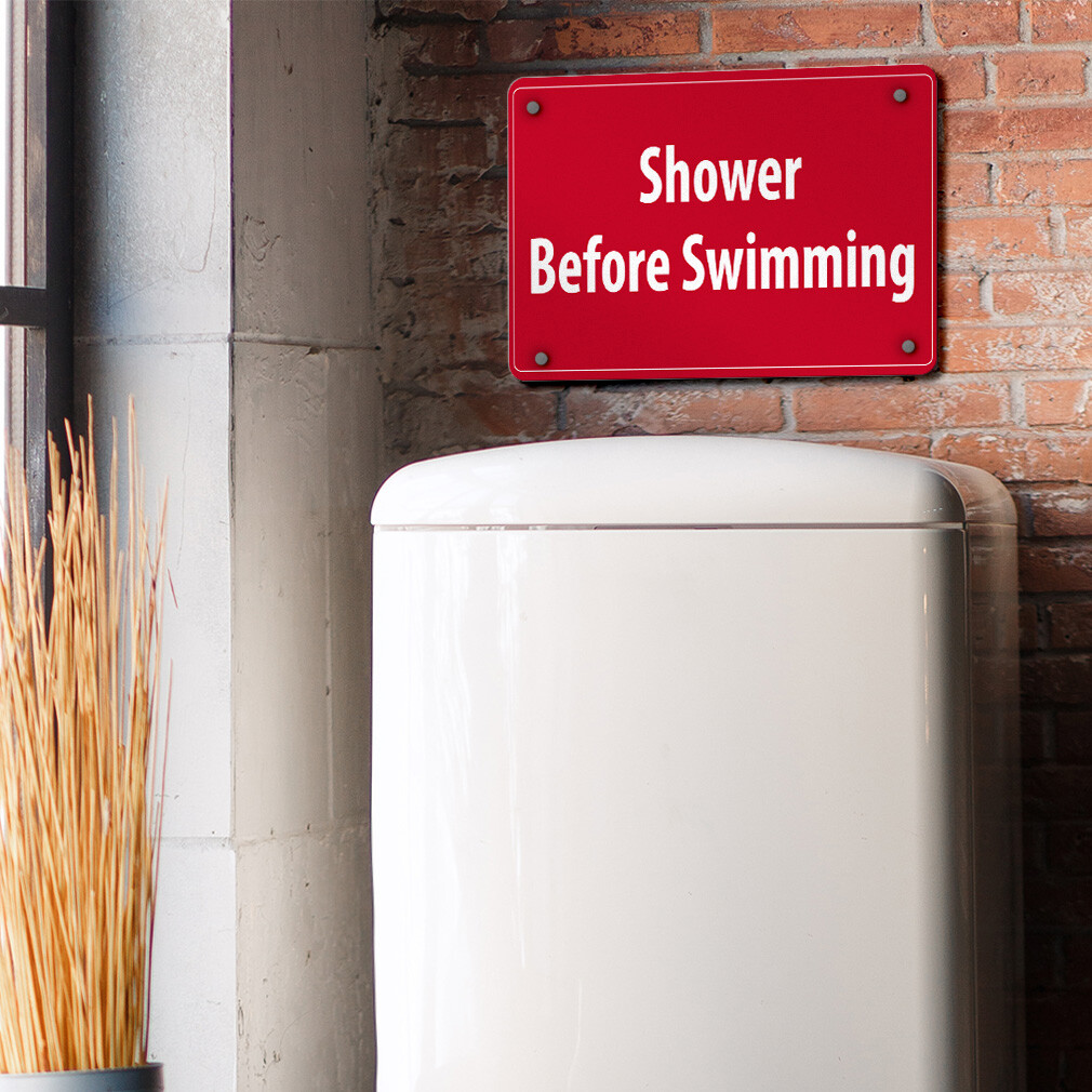 Horizontal Metal Sign Shower Before Swimming Activity Pool Red