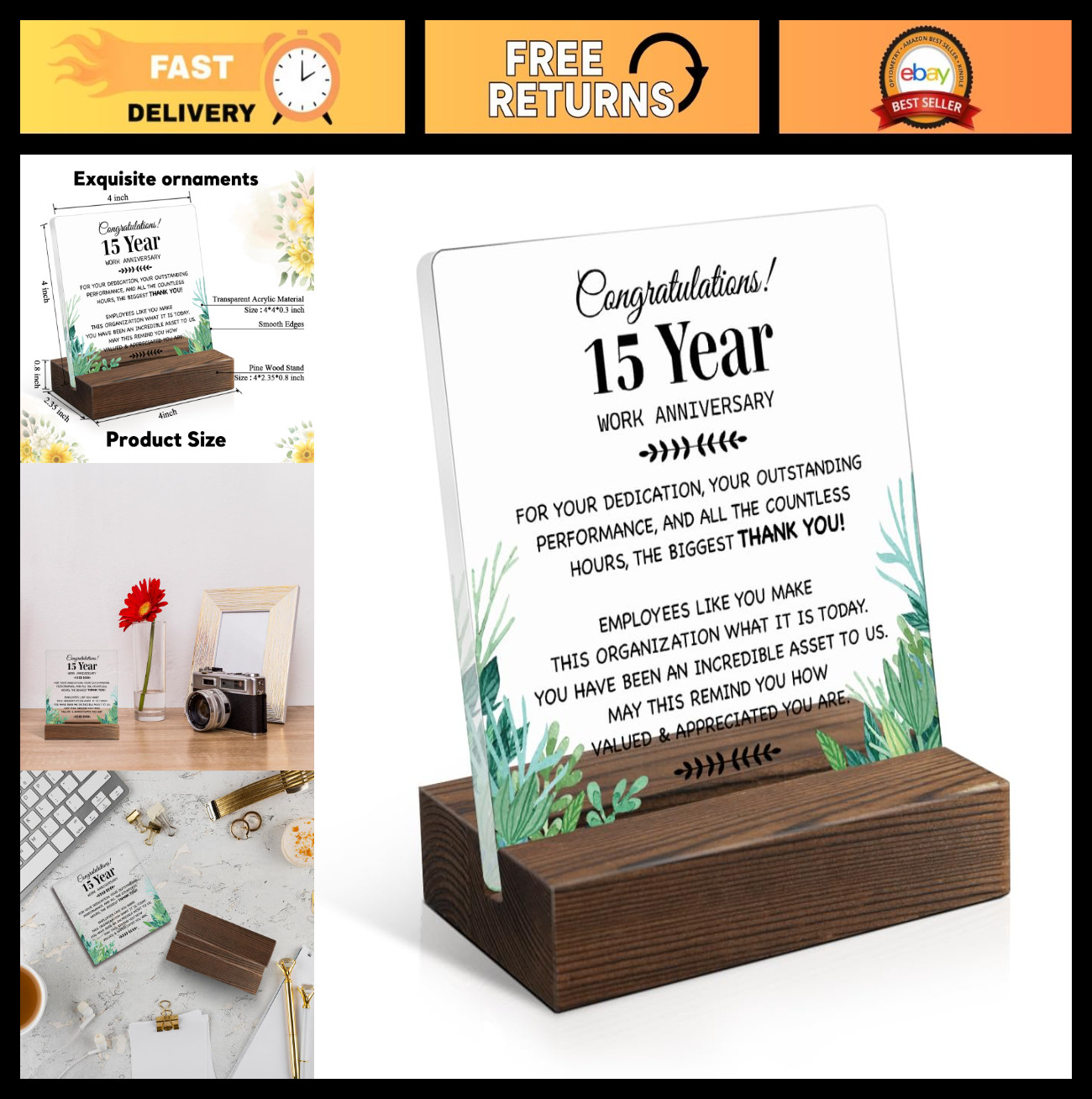 15-Year Work Anniversary Acrylic Sign with Wooden Stand – Employee Appreciation