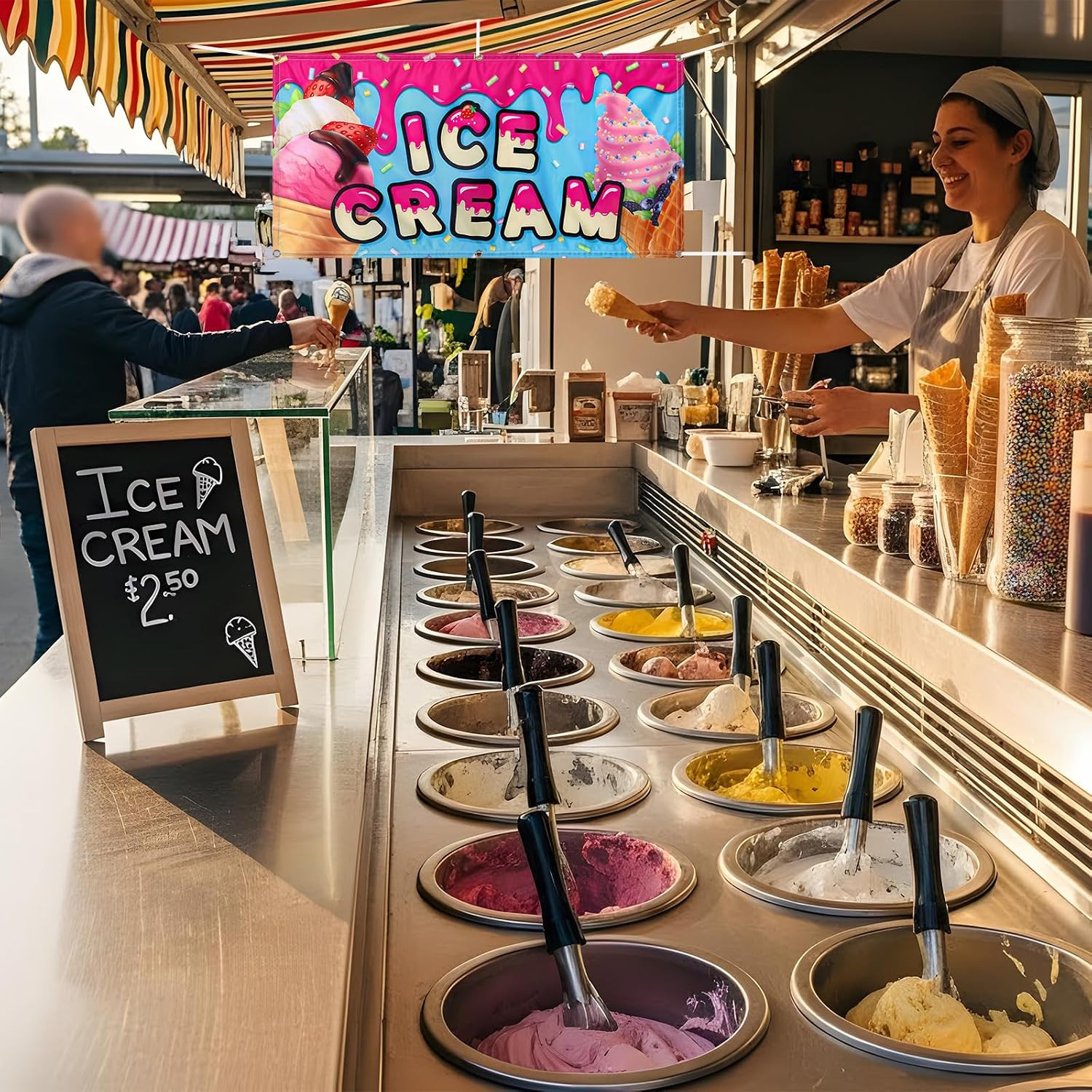 2X4 Feet Ice Cream Banner Sign Polyester Fabric Ice Cream Feather Flag for Summe