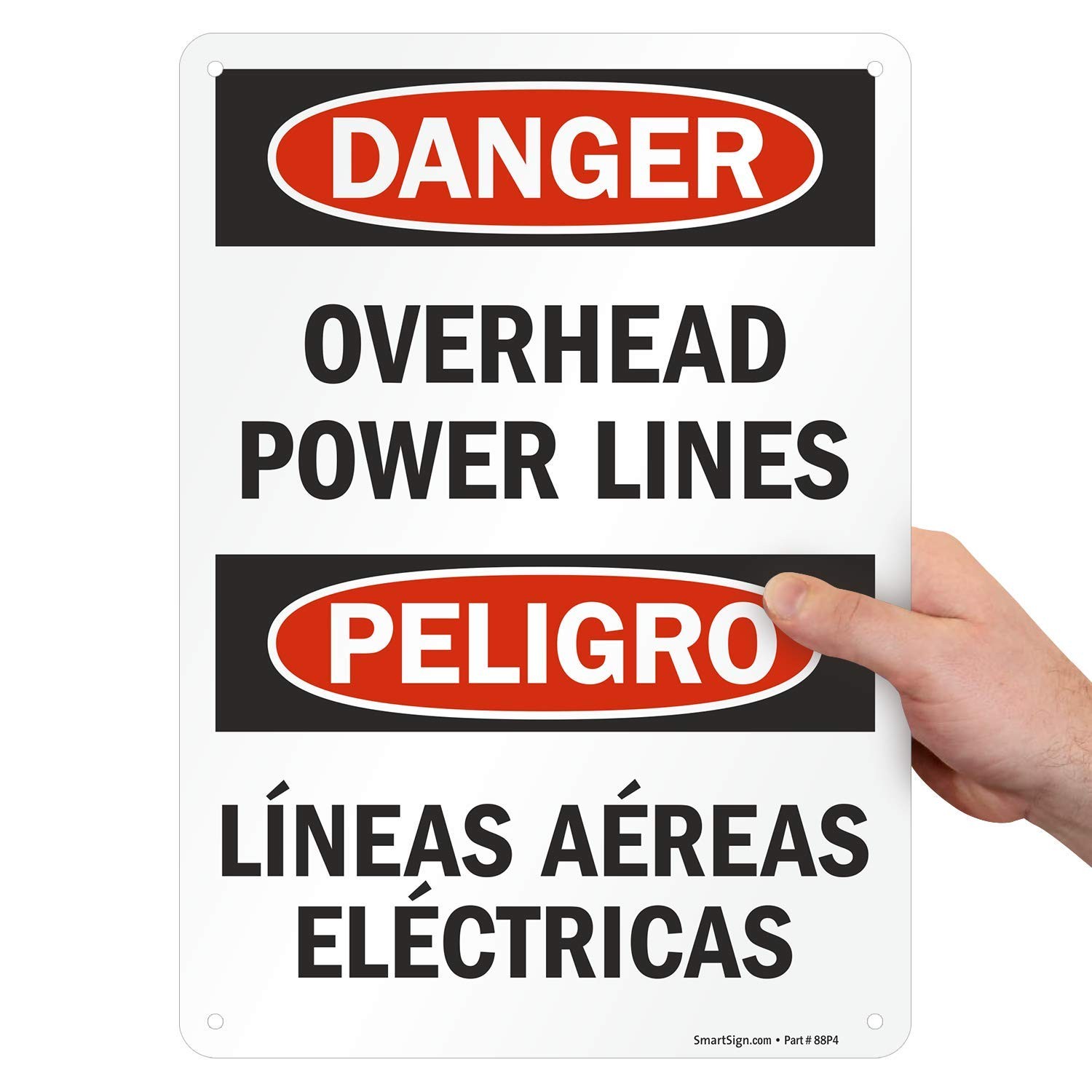 10×14 Inch Plastic Bilingual Sign Danger Overhead Power Lines Safety Warning