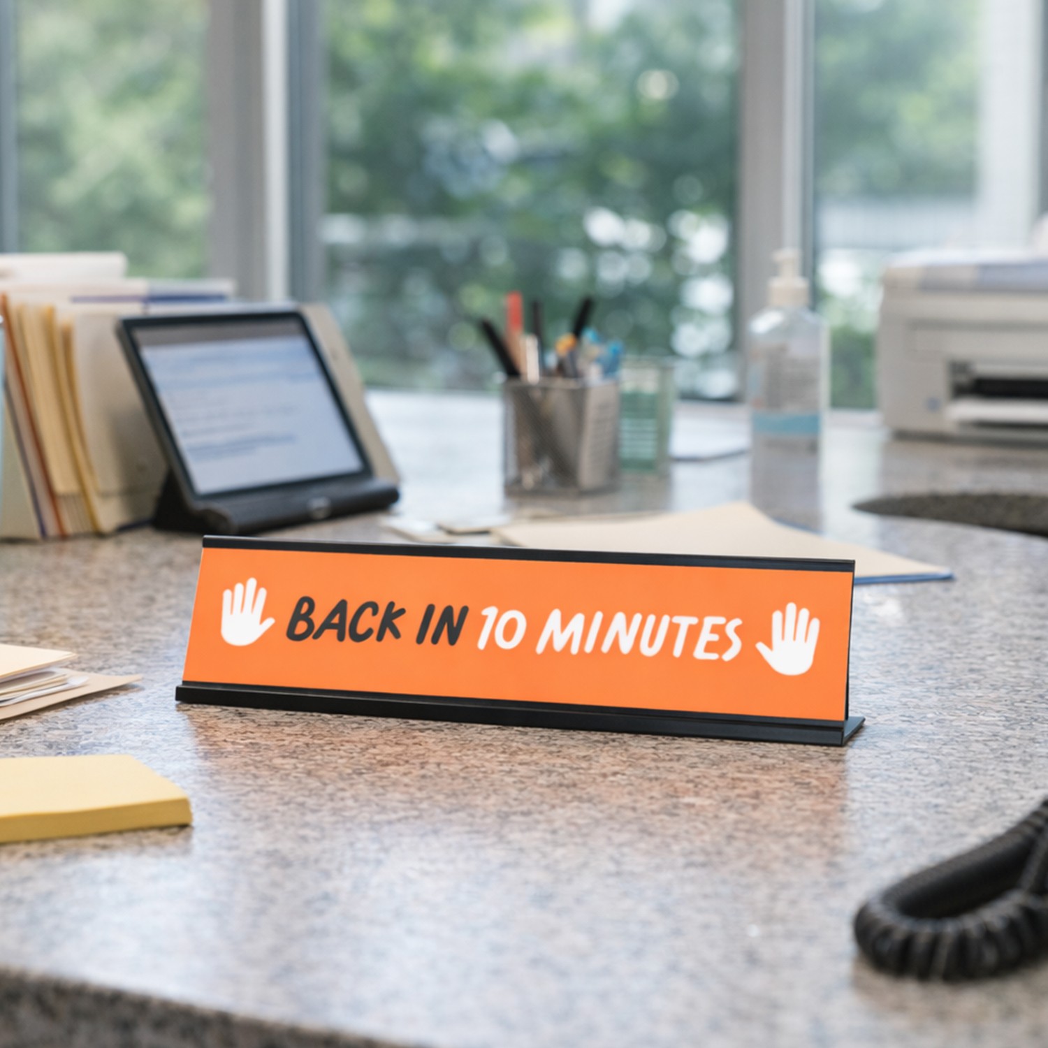 Back in 10 minutes, Orange and White Black Frame Desk Sign (2 x 8&Prime;)