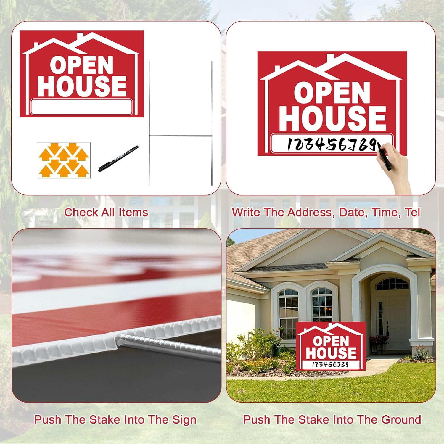 5 Pack Open House Signs for Real Estate 3 Pcs 17&Prime;X12&Prime; Large Double Sided Yard Si