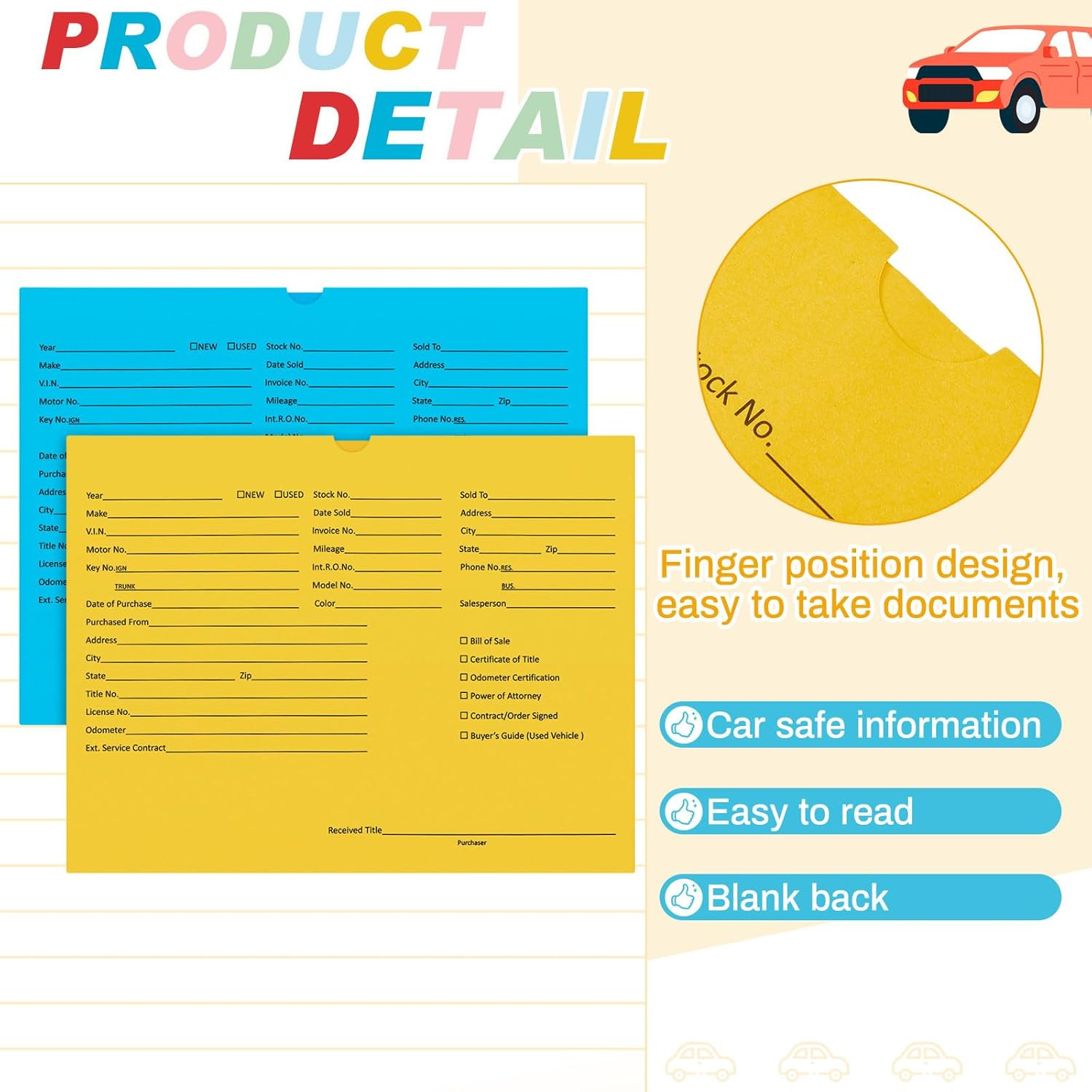 120 Pcs Vehicle Dealer Jackets for Car Sales Colored Printed Deal Envelopes Deal