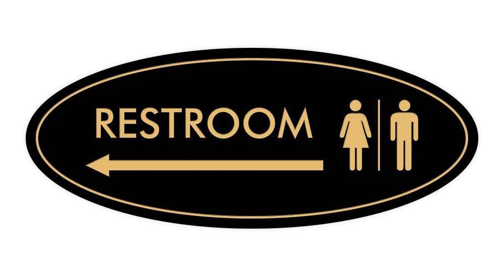 Oval Restroom Left Arrow Sign Black Gold Medium 1 Pack Business Office Decor