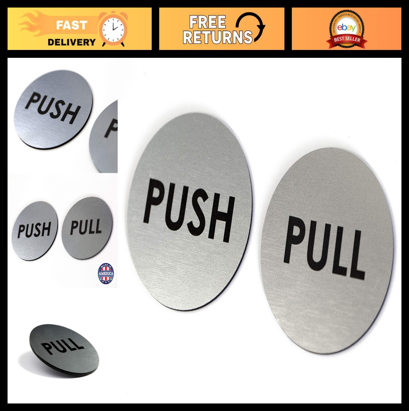 Brushed Silver Push Pull Door Signs – Set of 2, 2&Prime; Round, Laser Engraved, Indoor