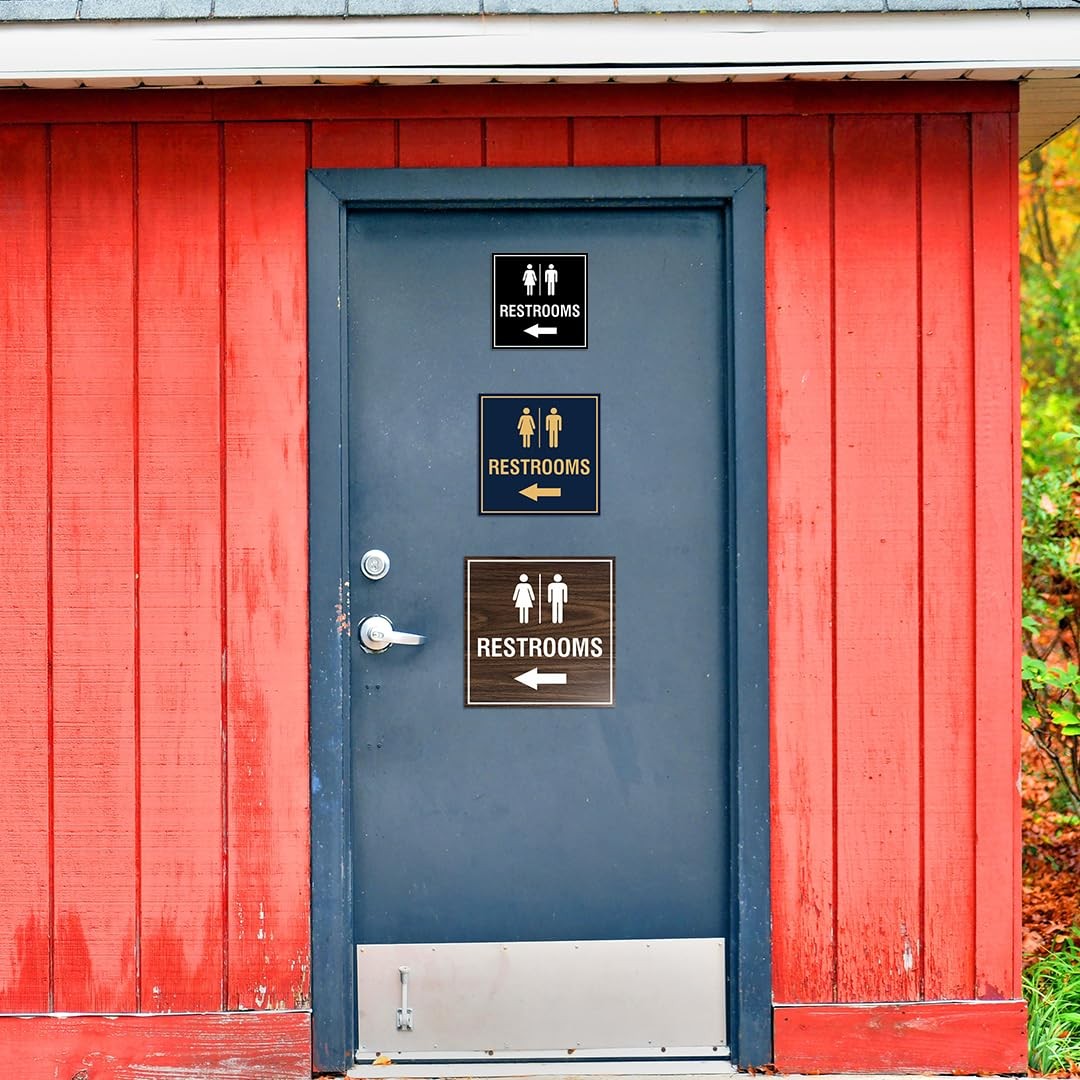 Square Restrooms left arrow Sign with Adhesive Tape Black – Large 1 Pack