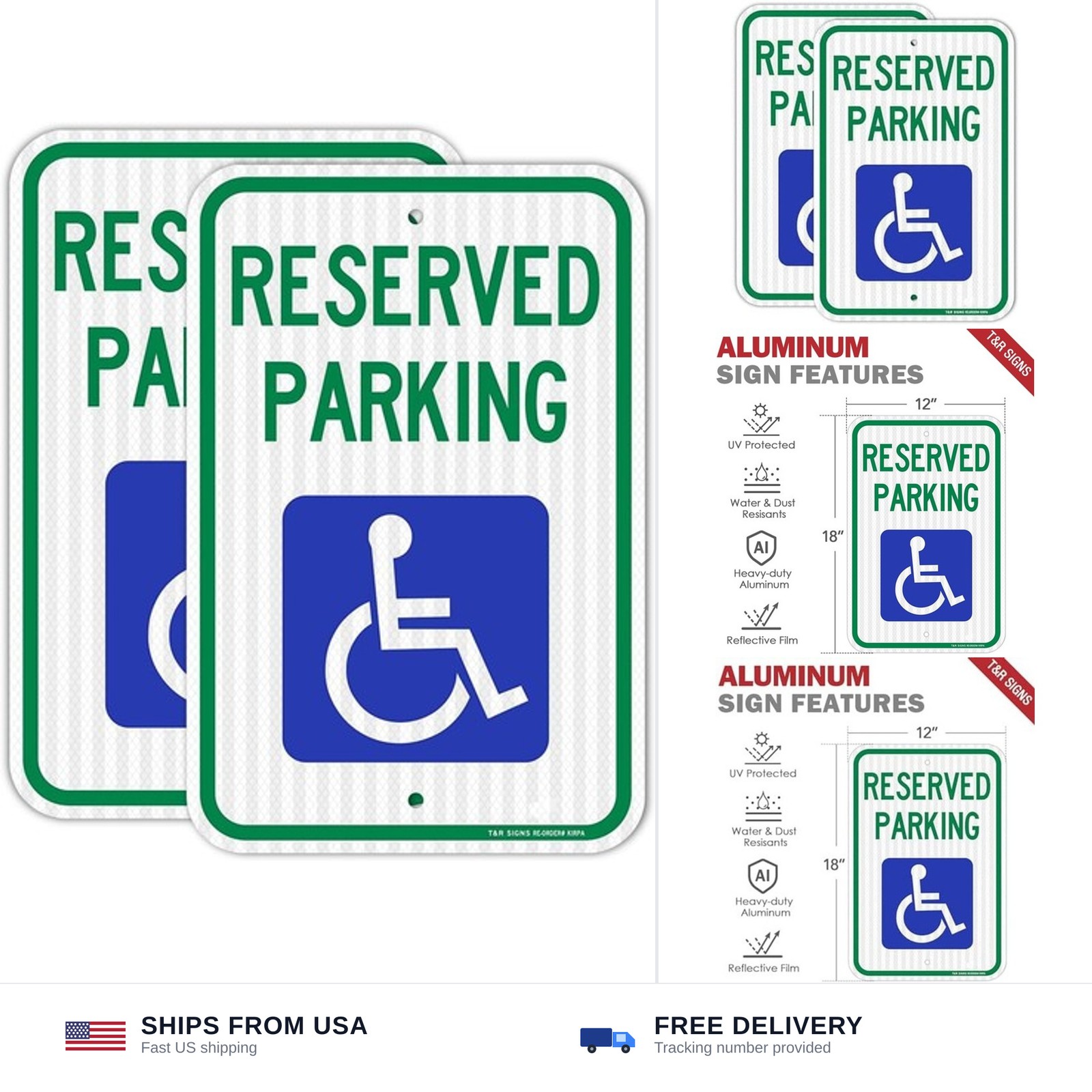 (2 Pack) Handicap Parking Sign, Reserved Parking Sign, Large 18&Prime; x 12&Prime; Engine…