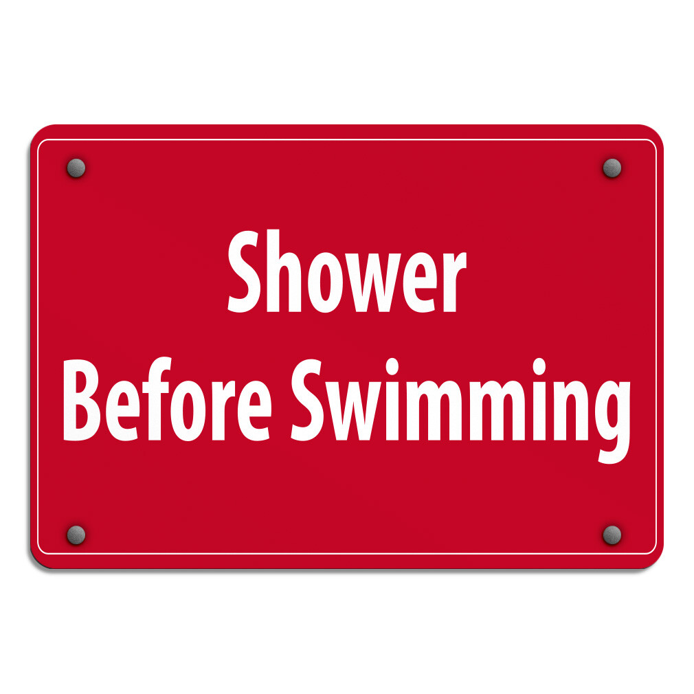 Horizontal Metal Sign Shower Before Swimming Activity Pool Red