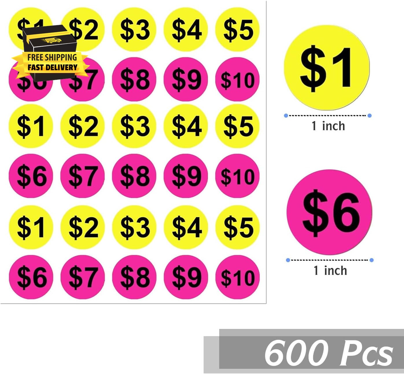 600 Pcs Yard Garage Sale Price Stickers 1 Inch Flea Market Pre-Printed Pricing S