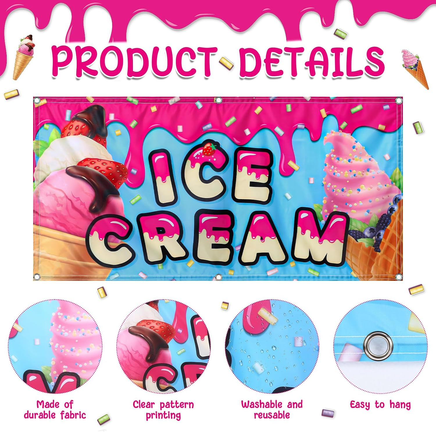 2X4 Feet Ice Cream Banner Sign Polyester Fabric Ice Cream Feather Flag for Summe