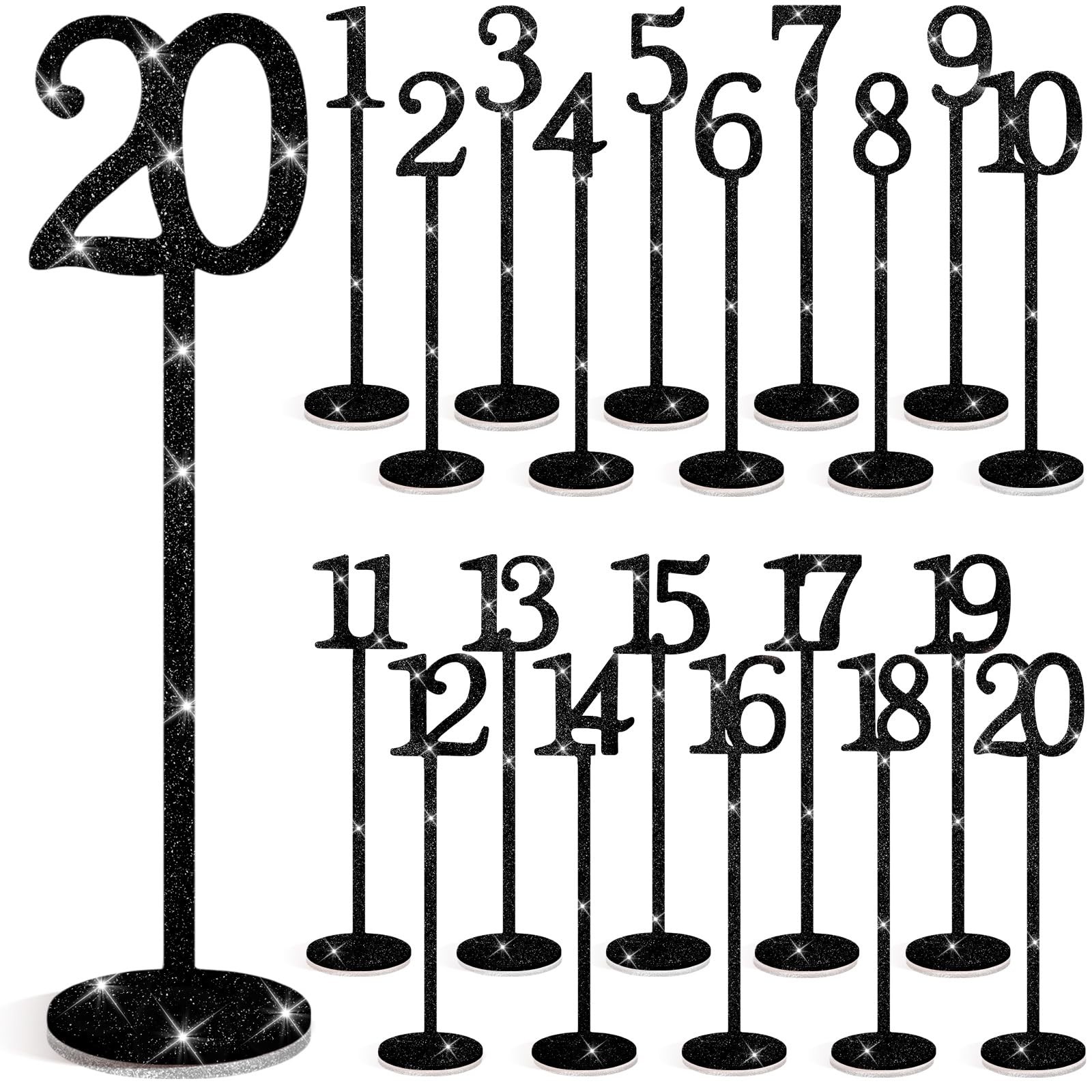 Black Glitter Wooden Wedding Banquet Event Table Number Sign With Base 20 PCS