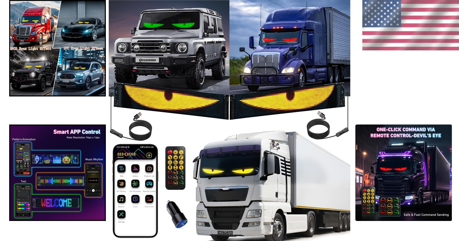 Customizable 23&Prime; x 5&Prime; LED Eyes for Car Windshield – Bluetooth & USB Powered